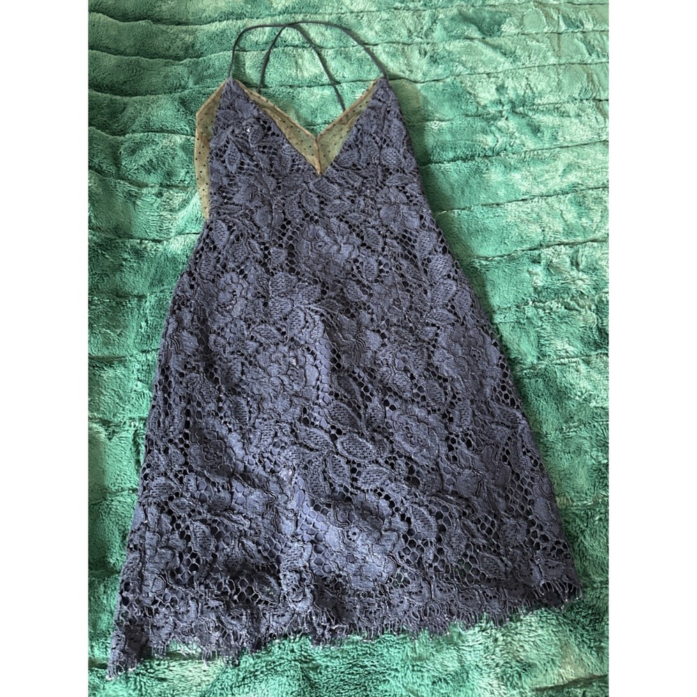 Revolve X By NBD Women Size 0 Blue Floral Lace Mini Dress Polka Dot Mesh Detail